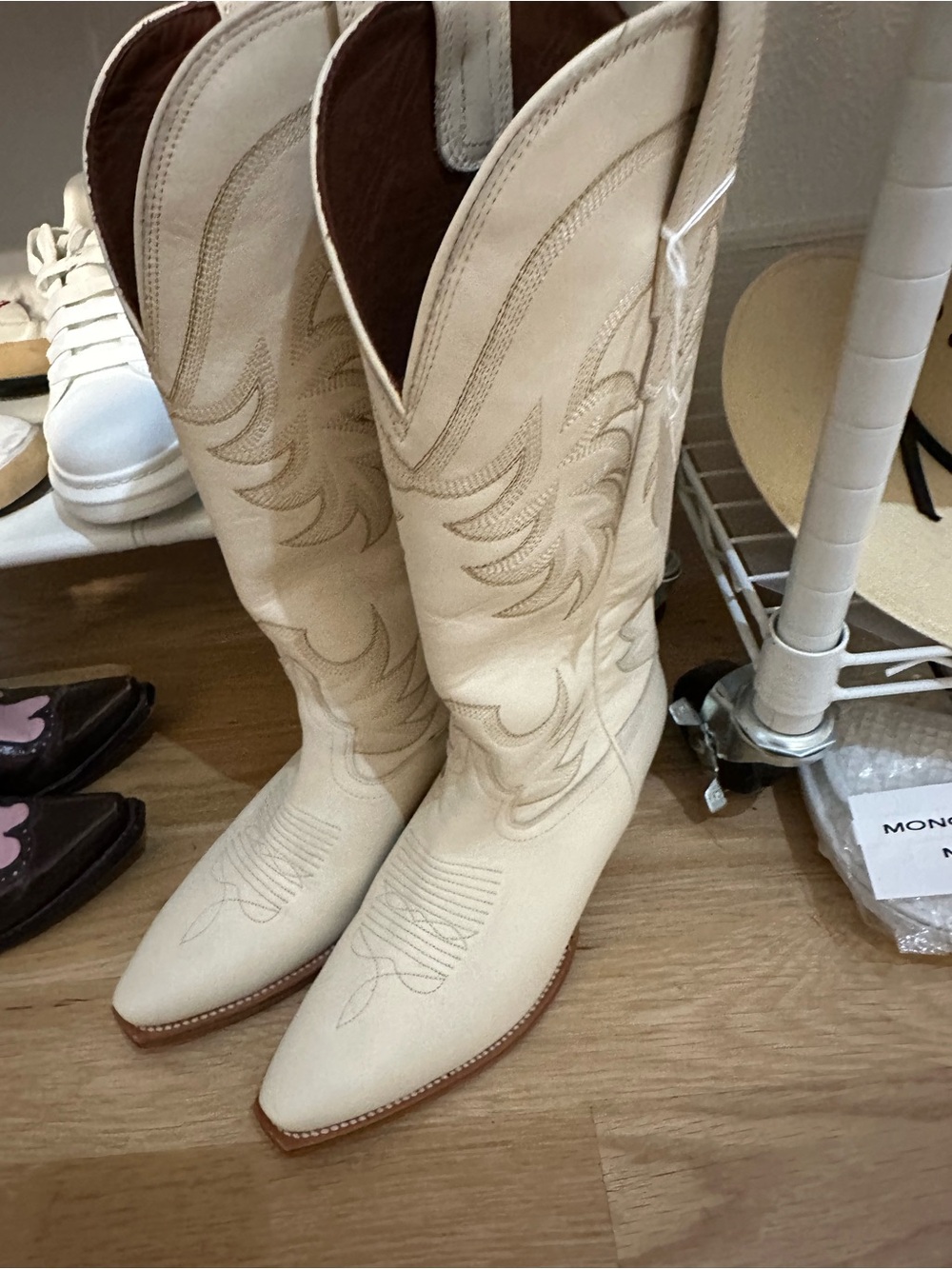 Tecovas Cream Knee-High Western Boots with Stitch Detail